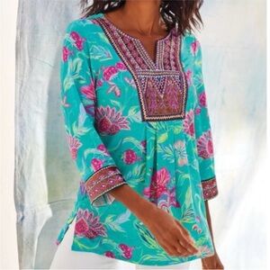Soft Surroundings Maddalena Tunic Top Petite Small Aqua Floral Boho Embroidered
